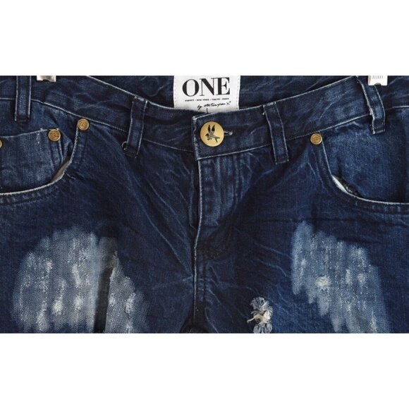 One Teaspoon Sz 26 Trashed Freebirds Crop Denim Jeans Skinny Dark Blue Women NWT - Picture 7 of 12